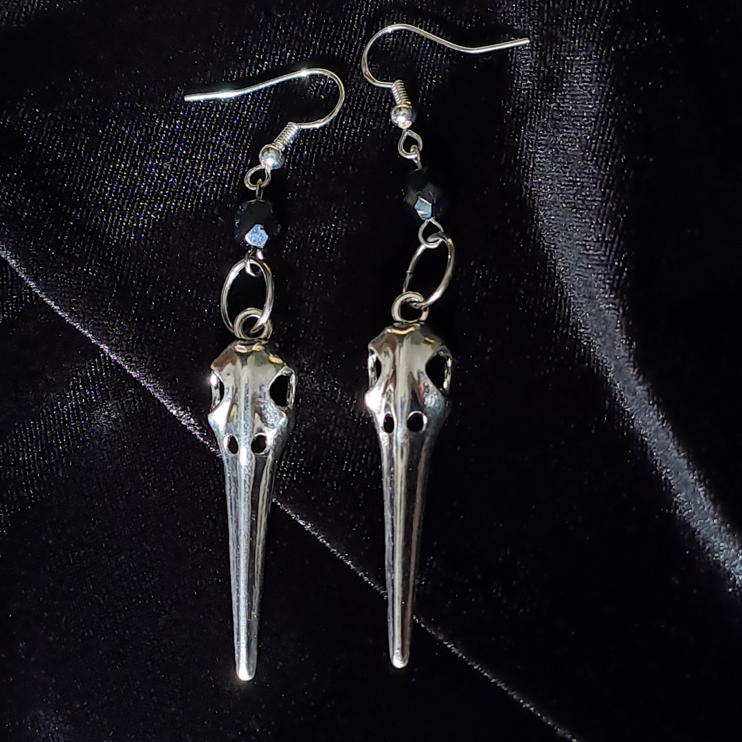 Birdskull Earrings - Black Glass & Small Ring