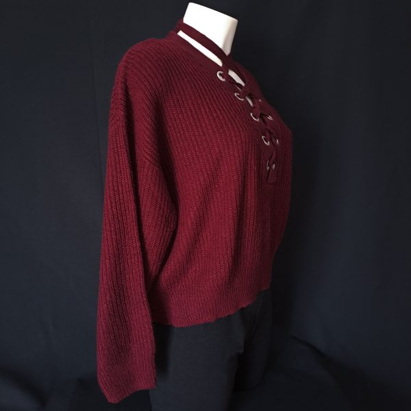 Lace-Up Burgundy Knit Sweater - Image 3