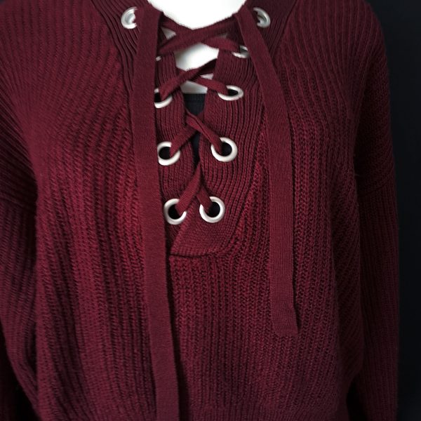 Lace-Up Burgundy Knit Sweater - Image 4