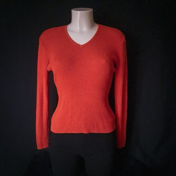 Ribbed Knit V-Neck Sweater - Pumpkin Orange - Image 3