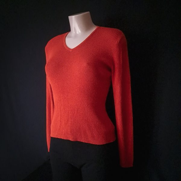 Ribbed Knit V-Neck Sweater - Pumpkin Orange - Image 2