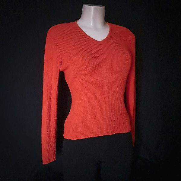 Ribbed Knit V-Neck Sweater - Pumpkin Orange - Image 7