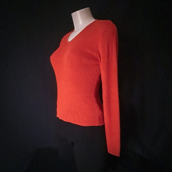 Ribbed Knit V-Neck Sweater - Pumpkin Orange - Image 4