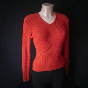 Ribbed Knit V-Neck Sweater - Pumpkin Orange