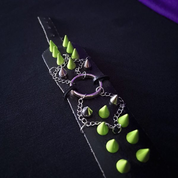 Leather Spike Bracelet - Green Spikes O-Ring & Chains - Image 8