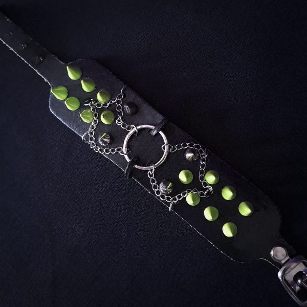 Leather Spike Bracelet - Green Spikes O-Ring & Chains - Image 7