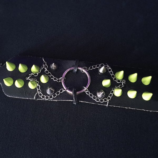 Leather Spike Bracelet - Green Spikes O-Ring & Chains - Image 4
