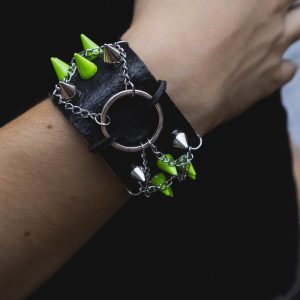 Leather Spike Bracelet - Green Spikes O-Ring & Chains