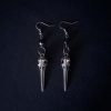 Birdskull earrings dangles with black glass bead and small decorative circle, gothic fashion