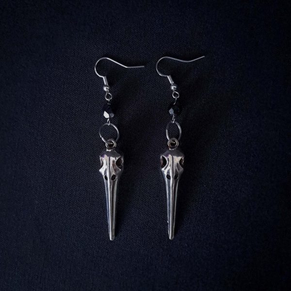 Birdskull earrings dangles with black glass bead and small decorative circle, gothic fashion