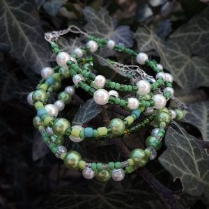 Pearl and Green Beaded Bracelet Set - SILVER
