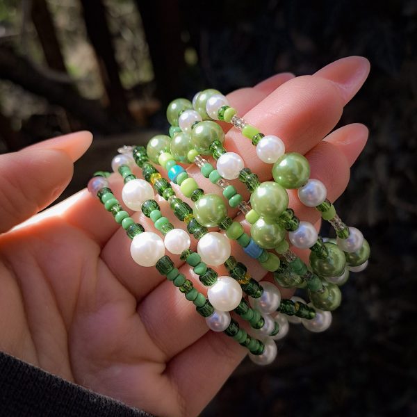 Pearl and Green Beaded Bracelet Set - SILVER - Image 2