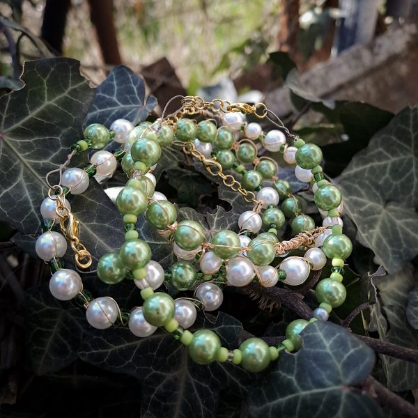 Pearl and Green Beaded Bracelet Set - GOLD - Image 4
