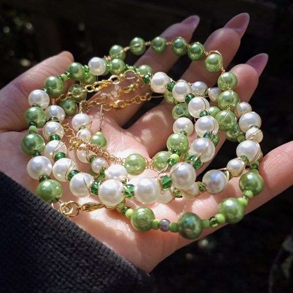 Pearl and Green Beaded Bracelet Set - GOLD - Image 9
