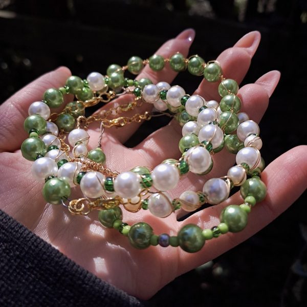 Pearl and Green Beaded Bracelet Set - GOLD - Image 3