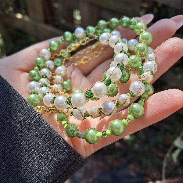 Pearl and Green Beaded Bracelet Set - GOLD - Image 8