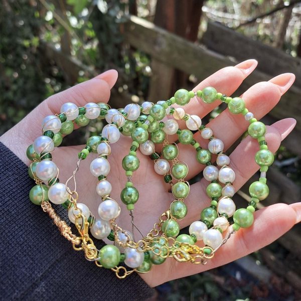 Pearl and Green Beaded Bracelet Set - GOLD - Image 7