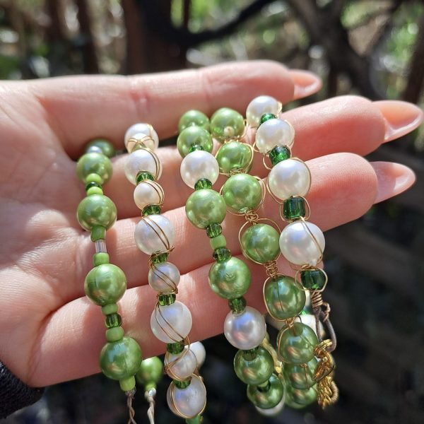 Pearl and Green Beaded Bracelet Set - GOLD - Image 6