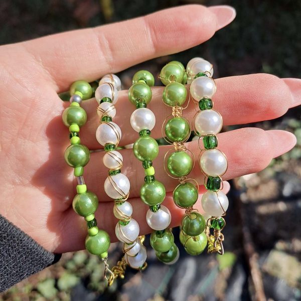 Pearl and Green Beaded Bracelet Set - GOLD - Image 2