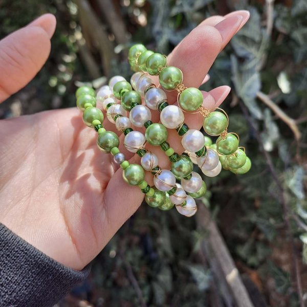 Pearl and Green Beaded Bracelet Set - GOLD - Image 5