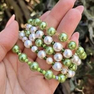 Pearl and Green Beaded Bracelet Set - GOLD