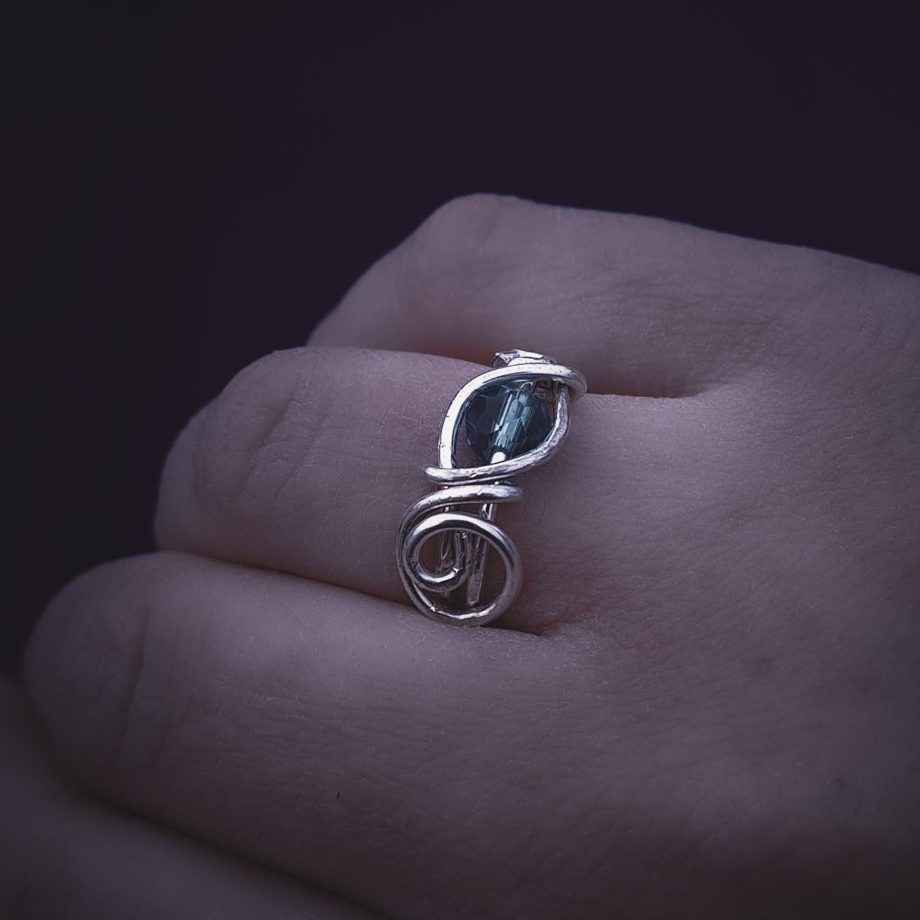 Swirly Silver Ring with Light Blue Stone
