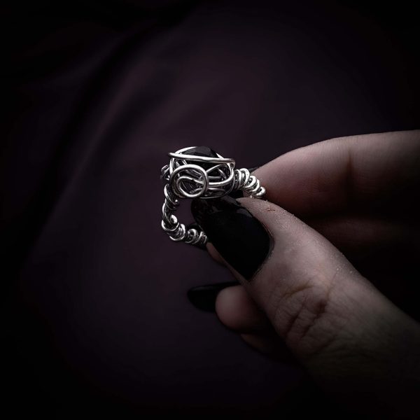 Silver Wire-Wrapped Ring with Caged Stone - "The Blackthorn Ring" - Image 6