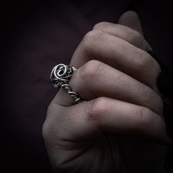 Silver Wire-Wrapped Ring with Caged Stone - "The Blackthorn Ring"