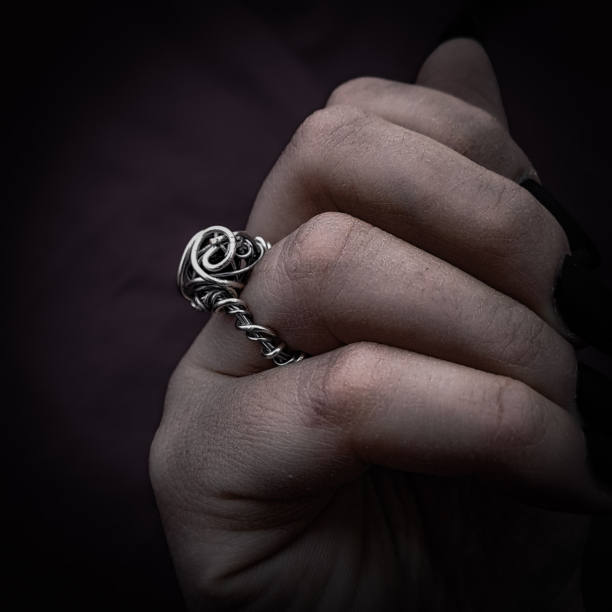 Silver Wire-Wrapped Ring with Caged Stone - "The Blackthorn Ring"