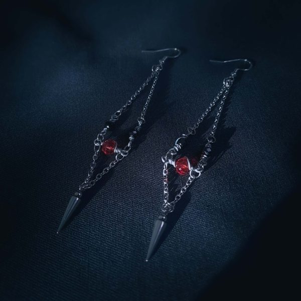 Spike & Chains Earrings - Red Crystal - Image 7