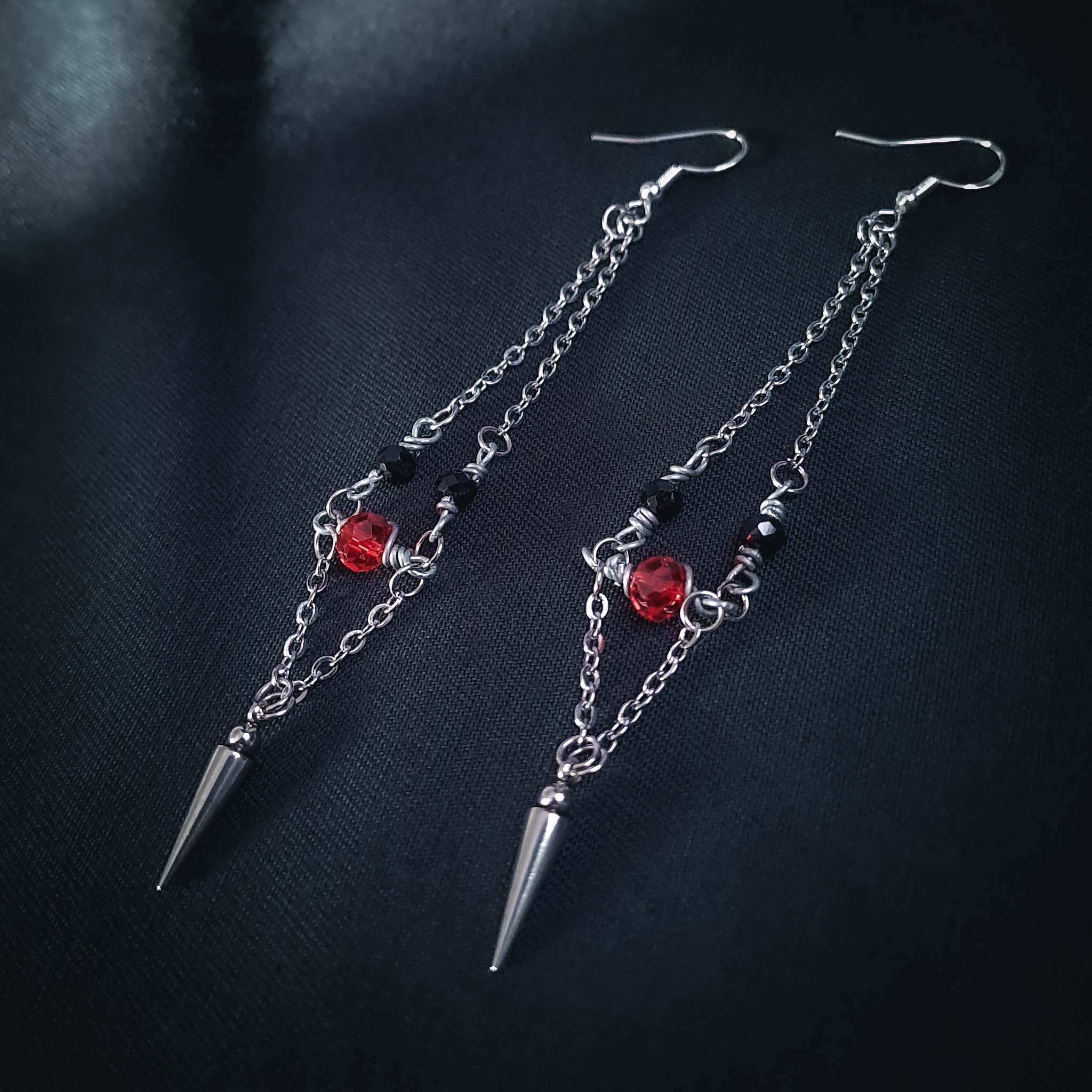 Spike & Chains Earrings - Red Crystal